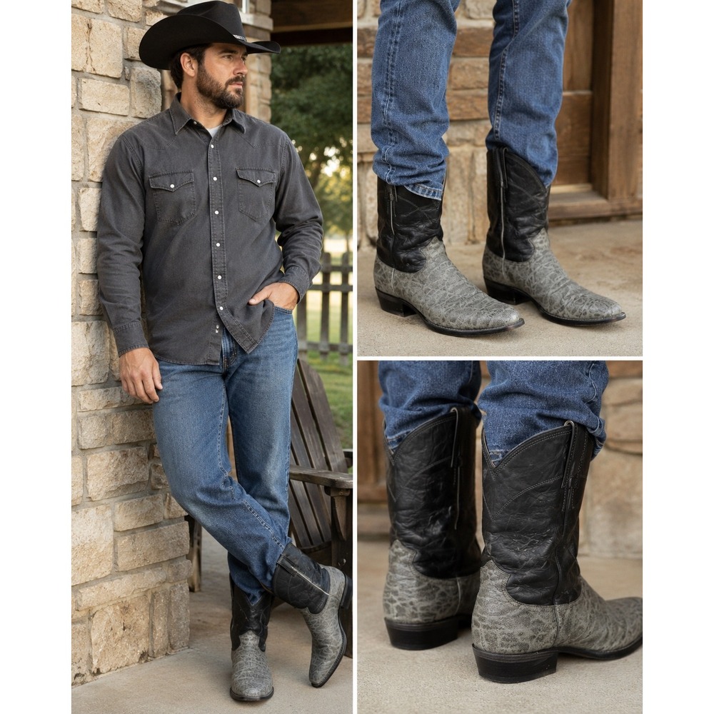 Justin Mens Western Cowboy Boots Grey‎ Textured Leather Style 3019 Size 10.5 B